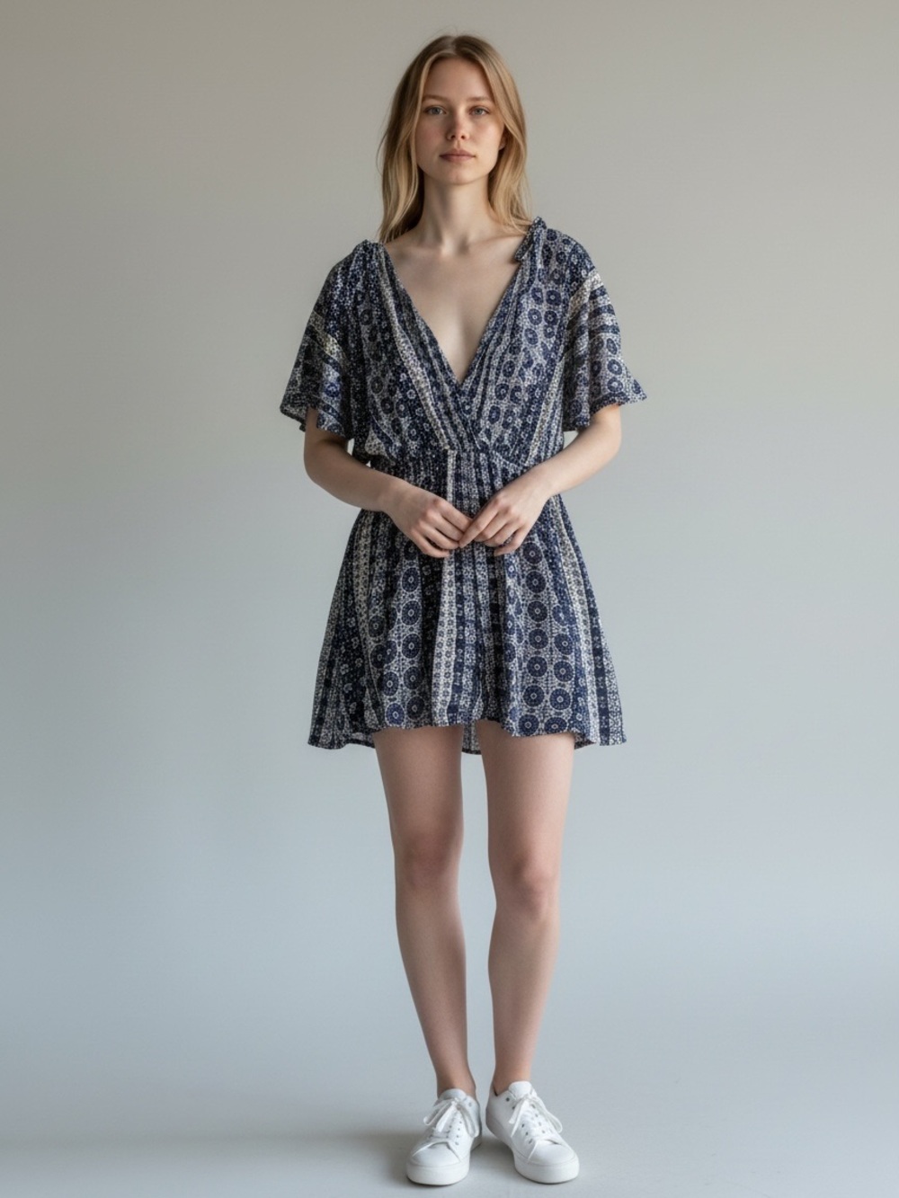 Navy Blue Patterned V-Neck Short romper